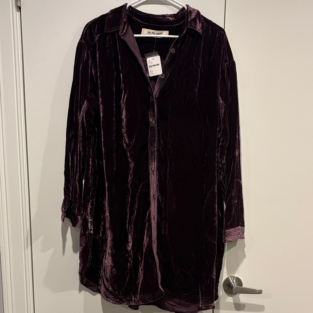 Free People Velvet Button-Up Shirt dress in Deep Purple